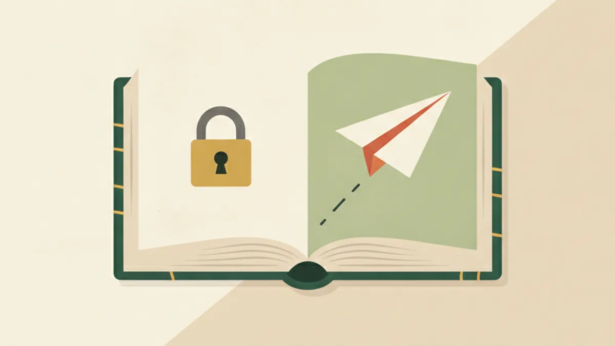 An open book with a padlock and a paper plane